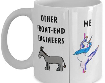 Lustige Front-End Engineer Kaffeetasse: Esel gegen tanzendes Einhorn Gag-Geschenk