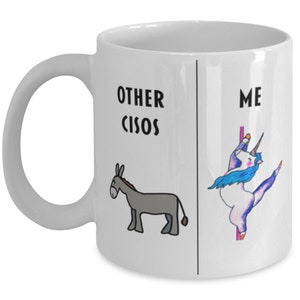 May include: White ceramic coffee mug with a black and white illustration of a donkey on the left side and a unicorn on the right side. The text "OTHER CISOS" is above the donkey and "ME" is above the unicorn.