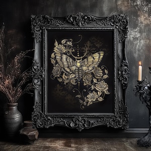 Original Gothic Artwork/Prints - Death Moth, Gothic Print, Dark Academia Decor, Cottagecore Art, Butterfly Damask Prints, Dark Moody Decor