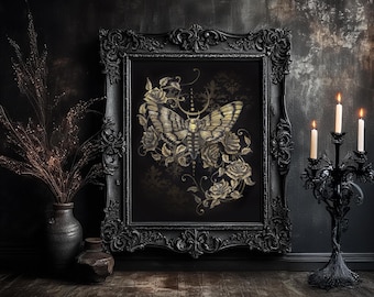 Original Gothic Artwork/Prints - Death Moth, Gothic Print, Dark Academia Decor, Cottagecore Art, Butterfly Damask Prints, Dark Moody Decor