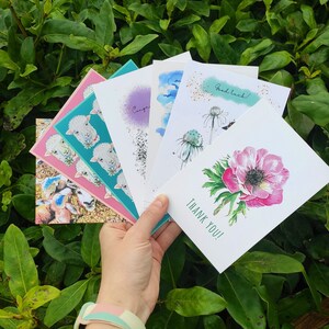 Postales originales impresas a mano con flor de anémona, pájaros, paisaje lavanda, cordero, conjunto, mixto, soltero, regalo, agradecimiento, saludo, Nacimiento