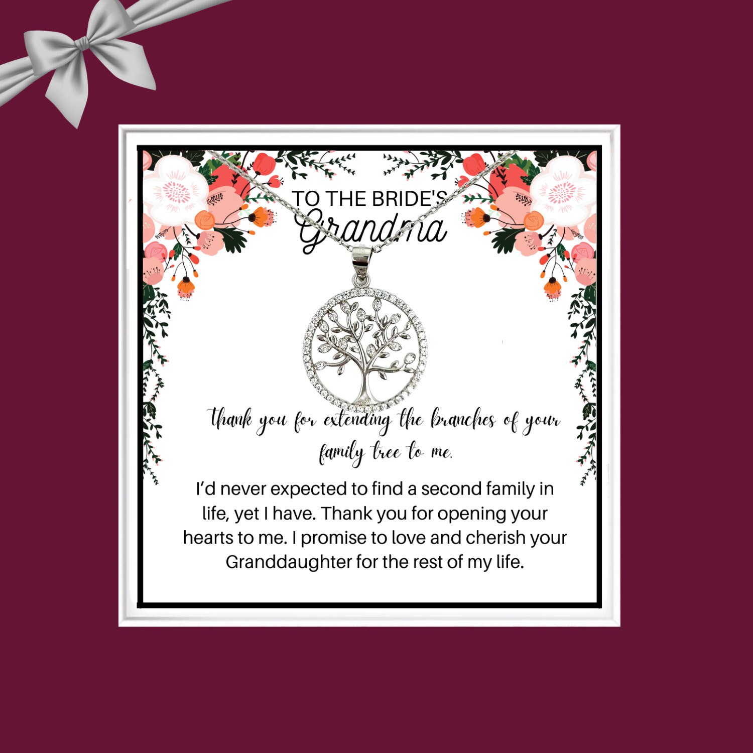 personalized card necklace Grandma of bride gifts on wedding Thank you message wedding gift Ideas in laws message from groom bride