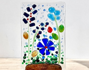 Fused Glass Blue Flowers Art Piece | Gift | Home Decor | Centrepiece