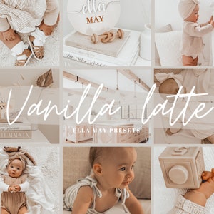 May include: A collage of images featuring a baby in various poses, wearing neutral-colored clothing. The images are arranged in a grid pattern and include text that reads "Vanilla Latte" and "Ella May Presets".