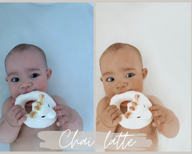 May include: A baby in a white bathtub is holding a white and gold bath toy shaped like a unicorn. The baby is biting the toy and looking at the camera. The text "Chai latte" is written on the bottom of the image.