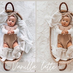 May include: A baby wearing a beige knitted onesie, a white headband with a bow, and white knitted knee-high socks, lying in a woven basket on a white fluffy rug. The text "Vanilla Latte" is written in cursive on the bottom of the image.