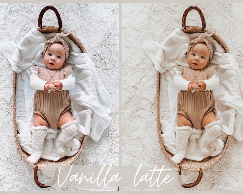 May include: A baby wearing a beige knitted onesie, a white headband with a bow, and white knitted knee-high socks, lying in a woven basket on a white fluffy rug. The text "Vanilla Latte" is written in cursive on the bottom of the image.