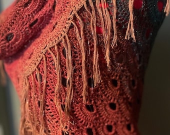 Sparkling Holiday Shawl - Hand-Crocheted Lurex Triangle Scarf & Fringe Wrap