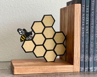 Honeybee & Honeycomb Wooden Bookends