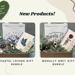 May include: Two gift bundles are shown, one labelled "Pastel Lovers" and the other "Morally Grey." Each contains a tote bag, a notebook with a butterfly or rose design, a jar, and a bookmark. The text "New Products!" is above the bundles.