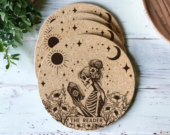 Bookish Cork Coaster with Engraved Tarot Card The Reader | Gifts for Book Lovers | The Reader Tarot Card | Tarot Card Gifts | Bookish Decor