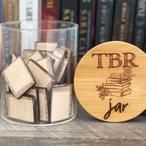 TBR Jar with Engraved Bamboo Lid and Wood Book Tokens: Book Lover Gift