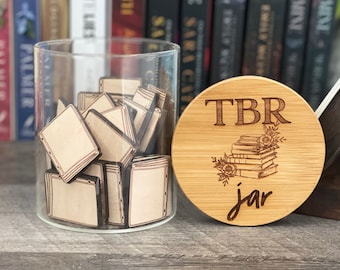 TBR Jar with Engraved Bamboo Lid and Wood Book Tokens: Book Lover Gift