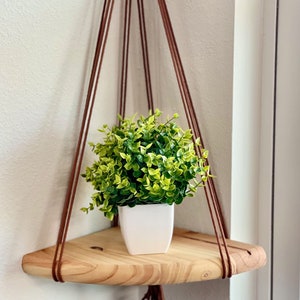 May include: A wooden corner shelf with a hanging plant in a white pot. The shelf is suspended by brown cords.