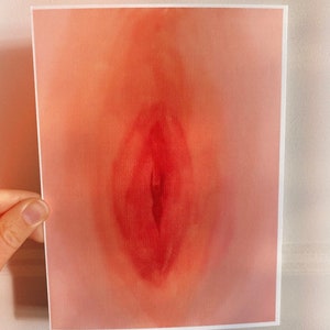May include: Abstract watercolor painting of a vulva in shades of pink and red.