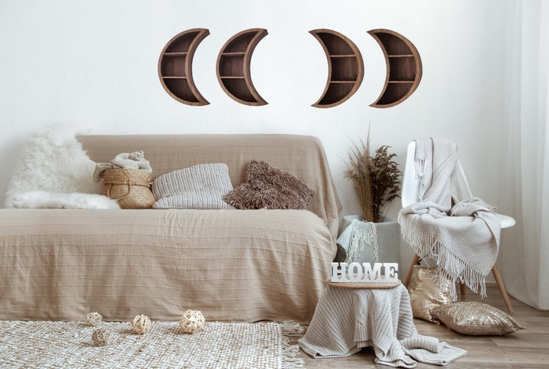 Rustic Moon Shelf Boho Wall Decor Wooden Crescent Moon Shelf Etsy