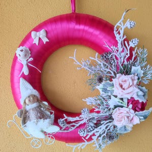 Ghirlanda nascita natale,tonda in raso fucsia