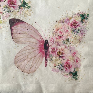 Servietten für Decoupage, Dekorative Papierservietten mit Vintage-Blumen und Schmetterling, Servietten-Decopage, 33x33, 3-lagig