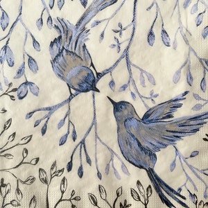 Servilletas de papel para decoupage con motivos floral y pájaros azul, Floral Napkins: 33x33