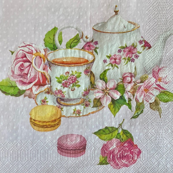 Servilletas para decoupage con motivos taza en jardín con pasteles, decoupage vintage, 33x33 , 3 ply,  material manualidades