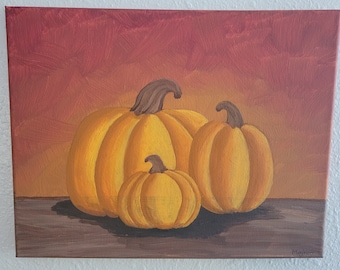 Hand Painted Autumn Pumpkins, Original Acrylic Painting 14x11 inch