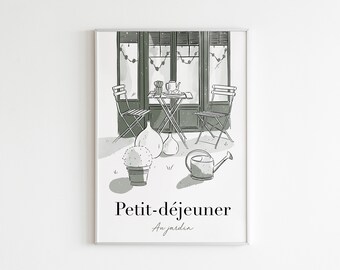 PETIT-DEJEUNER au jardin | A4 | Poster | Affiche | Champêtre | Tasses | Café | Jardin | Botanique | Plantes | Fleurs