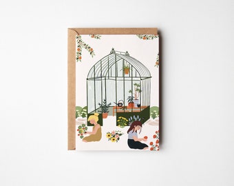 IN THE GARDEN | Postcard | A6 | Greenhouse | Flowers | Girls
