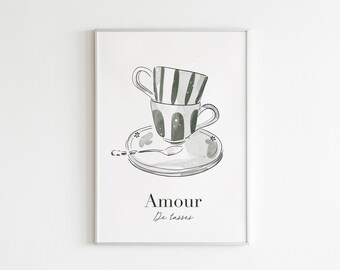 AMOUR DE TASSE | A4 | Poster | Affiche | Champêtre | Tasses | Café | Jardin | Botanique | Plantes | Fleurs