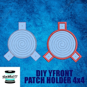 May include: DIY Y-Front Patch Holder 4x4. A blue and red template for a patch holder with a spiral design. The template is for a 4x4 inch patch.