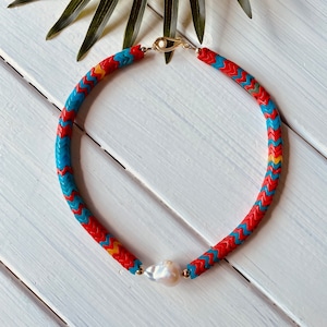 Baroque Pearl and African Glass chevron necklace