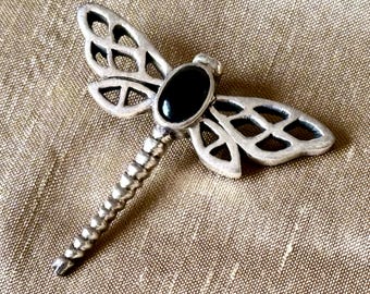 Vintage Sterling Silver Dragonfly Pendant with Black Onyx