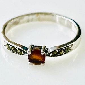 Vintage Sterling Silver Stacking Ring: Red Crystal Garnet, Marcasite Accents