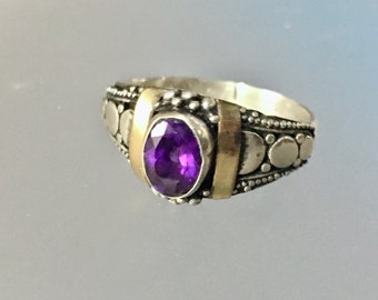 Vintage Bali Sterling Silver Amethyst Ring with Gold Accents - Size 7