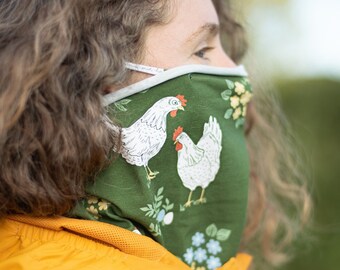 Cheeky Chicken Organic Cotton snood with ear hooks. Face Mask. Chicken Gift. Gardener's Gift. Mother’s Day Gift, Nature Gift, Hen Gift