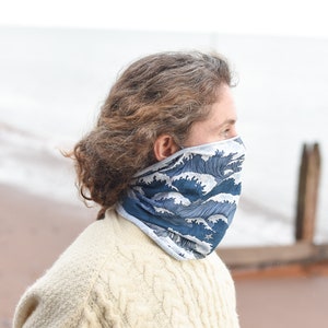 Blue Organic Cotton Neck Gaiter Mask with ear hooks. GOTS Organic. Ski Mask. Cycle snood. Neck Warmer. Surf Wear. Wave Gift for surfer