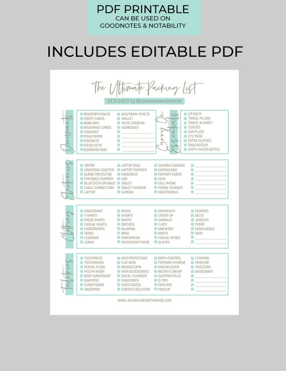 Printable Travel Checklist | The Ultimate Travel Checklist | Packing List  Printable | Women's Packing List | Travel Vacation Planner