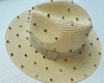 Rhinestone sun hat, beach wedding favor, women’s crystal sun hat, beige bling straw hat, women’s fedora hat, women’s sun hat