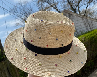 Custom Bling hat, Rhinestone beach Embellishment hat for women, Multicolor Panama Summer women hat, cute birthday gift for mom, unique gift