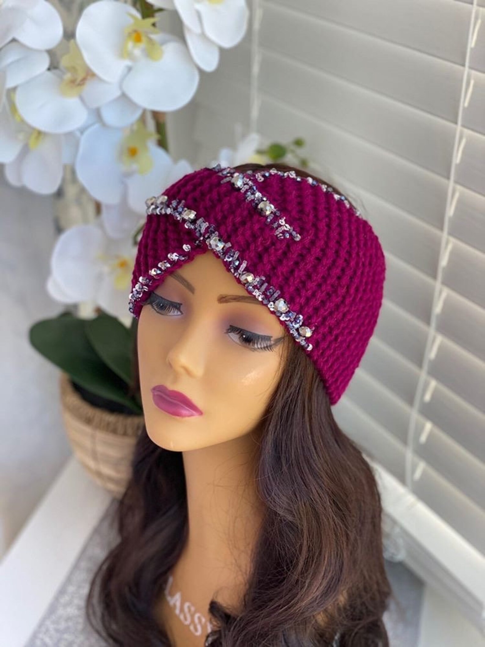 Dark red knit winter headband warm beads crystal headband Etsy