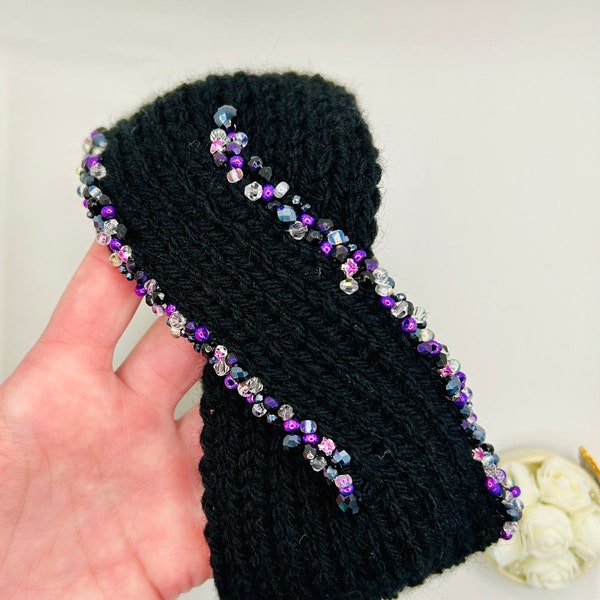 Festive Knitted beaded head wrap for women crystal, winter jewelry turban, black bling head wrap, soft ear warmer, Unique Christmas gift