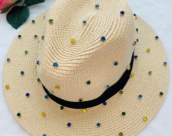 Rhinestones Panama hat style, flat brim hat, hats for women, fashion hat, summer hat, beach hat, safari hat, outdoor hat, friend gift