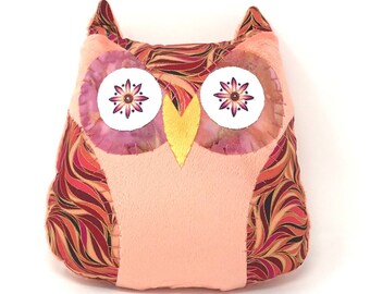 Handmade and Embroidered Owl Pillow (peach/coral/maroon) – SWIRLS