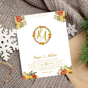 May include: A wedding invitation with floral accents in yellow and red. The invitation includes the names "Harper & Adeline" and the date "FEB 20 2055". The text "Save the date for the wedding of" is at the top.