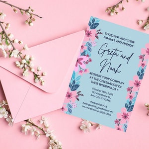 May include: A light blue wedding invitation with floral accents and the names "Greta and Noah." The invitation includes event details and RSVP information. A pink envelope and floral sprigs surround the invitation on a pink background.