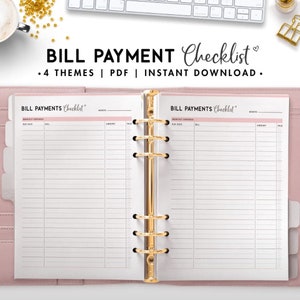 Könnte beinhalten: Eine druckbare Rechnungskontrollliste mit einem rosa und weißen Design. Die Checkliste enthält Spalten für monatliche Ausgaben, Fälligkeitstermin, Rechnung, Betrag und bezahlt. Der Text "BILL PAYMENTS Checklist" befindet sich oben auf der Seite.