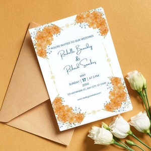 May include: Wedding invitation with floral accents and text. The invitation features orange flowers and a gold border. The text reads "You're invited to our wedding" and includes names, date, time, and location. An envelope and flowers are also present.