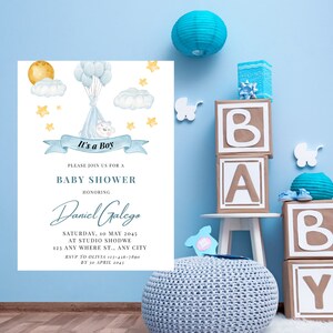 May include: A baby shower invitation with the text "It's a Boy" and details for Daniel Galego's shower. The design includes watercolor illustrations of a moon, clouds, stars, and a baby being carried by balloons. The background is light blue.