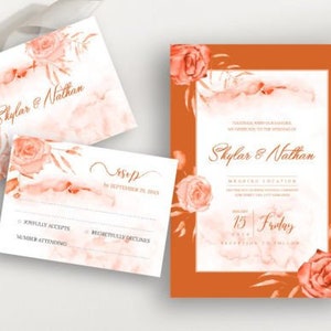May include: Wedding invitation suite featuring a floral design with watercolor roses and the names "Skylar & Nathan". Includes an invitation, RSVP card, and details card. The invitation is framed in a burnt orange border.