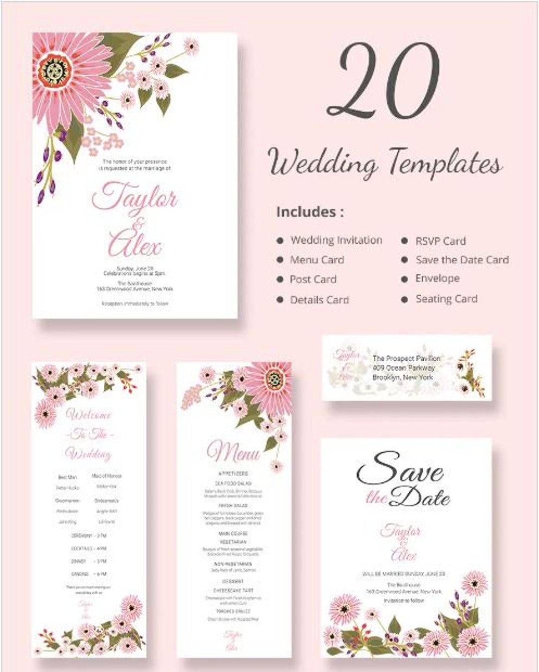 Editable Floral Wedding Templates (includes 20 Designs) in MS Word