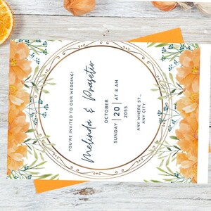May include: Wedding invitation with floral design. The invitation features the names "Melinda & Prasetio", date, time, and location details. The design includes orange flowers, green leaves, and a gold circular frame. The invitation is on a white background.